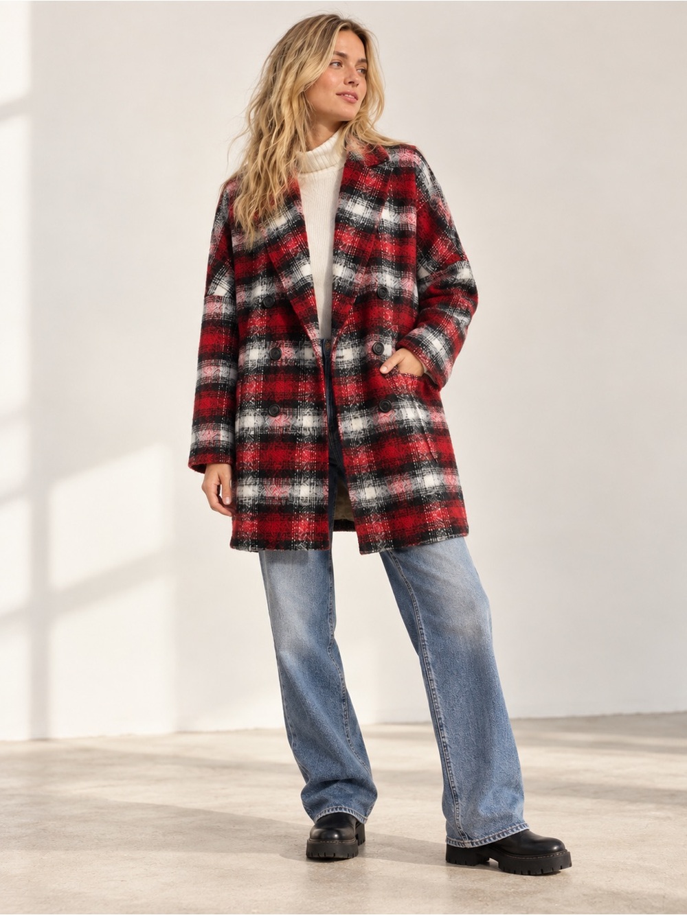 Tribal Womens Size Small Oversized Red Plaid Coat Grunge Preppy Academia Jacket